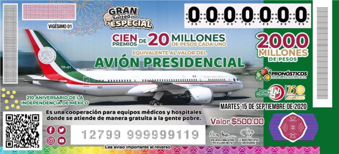 Los mexické státní loterie, v níž je výherní cenou prezidentský Boeing 787. Zdroj: mexická vláda, gob.mx