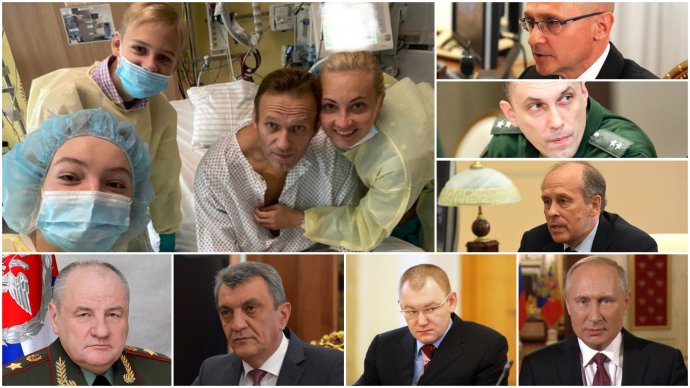 Navalnyj, šest Putinových mužů sankcionovaných za Navalného otravu Evropskou unií (zleva dole Popov, Meňajlo a Jarin, vpravo shora Kirijenko, Krivoručko a Bortnikov) a Vladimir Putin. Koláž Deník N