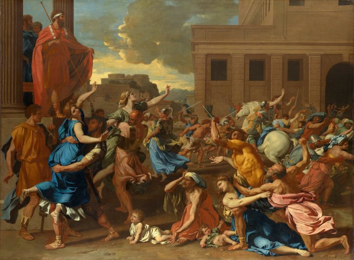 Obraz Únos Sabinek Nicolase Poussina (cca 1633–1634) zachycuje, jak se Římané zmocnili sabinských žen a pojali je za manželky. Zdroj: The Yorck Project