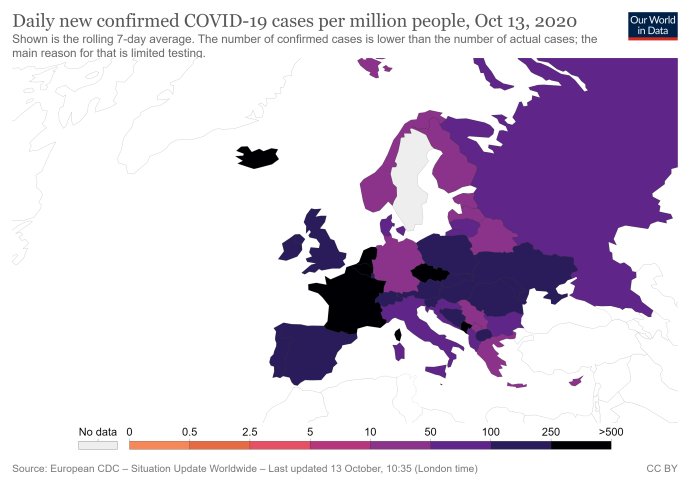 Průměr pozitivních testů nákazy covid-19 na obyvatele za posledních sedm dní. Česko vede. Zdroj: Our World in Data