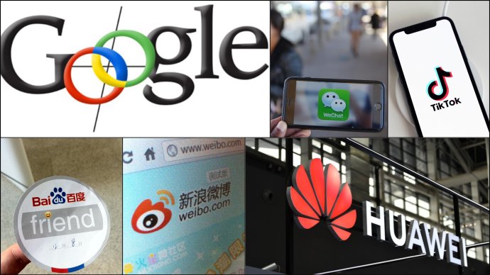 Google a technologičtí giganti Číny: Huawei, Tencent (WeChat), ByteDance (TikTok), Baidu a Sina (Weibo). Foto: Wikimedia CC BY-SA 4.0, ČTK, Flickr CC BY 2.0, Siphiwe Sibeko Creative Commons — Attribution-NonCommercial-ShareAlike 4.0 International — CC BY-NC-SA 4.0, Flickr CC BY-SA 2.0