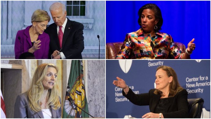 Joe Biden a Elizabeth Warrenová, Susan Riceová, Lael Brainardová a Michèle Flournoyová. Koláž: Deník N