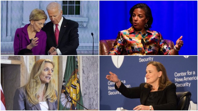 Joe Biden a Elizabeth Warrenová, Susan Riceová, Lael Brainardová a Michèle Flournoyová. Koláž: Deník N