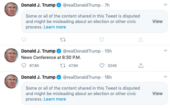 Twitter doprovází některé statusy prezidenta Donalda Trumpa varováním, že jsou manipulativní. Foto: Twitter