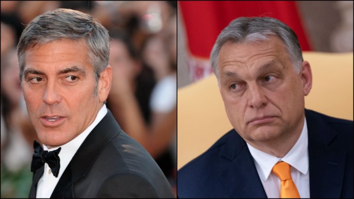 Na maďarském internetu už se objevují ironické rady Orbánovi, jak má Clooneyho ve své příští billboardové kampani „zastavit“. Třeba varováním „Vykrádal kasina!“ Foto: Nicholas Génin, Wikimedia CC BY-SA 2.0, ČTK, koláž Deník N
