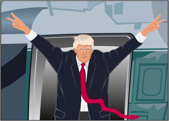 Podle americké tradice odcházející prezident opustí Bílý dům, a tedy i svoji funkci tím, že nastoupí do vrtulníku. Tímto vítězným vzpažením se kdysi rozloučil Richard Nixon, Trump Bílý dům opustil na začátku roku 2021. Ilustrace: heblo, Pixabay