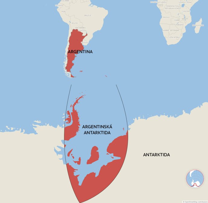 Kontroverzní mapa Argentiny: území země v Latinské Americe plus jí nárokované území v Antarktidě, takzvaná Argentinská Antarktida. Měřítko mapy je ale ovlivněné projekcí; ve skutečnosti antarktická výseč „rozšiřuje“ současné argentinské území na jihoamerické pevnině o třetinu. Mapa: Deník N