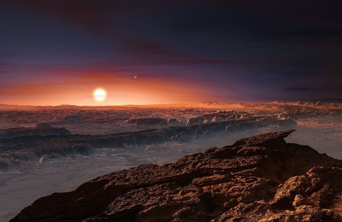 Takhle by to mohlo vypadat na planetě, která obíhá kolem hvězdy Proxima Centauri. Anebo také nějak úplně jinak, jistá je jen ta rudá barva oblohy. Kresba: ESO / M. Kornmesser