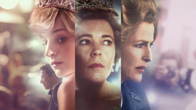 Oficiální grafika čtvrté řady seriálu The Crown (Koruna). Emma Corrinová jako Diana, princezna z Walesu, Olivia Colmanová jako královna Alžběta II. a Gillian Andersonová jako premiérka Margaret Thatcherová. Zdroj: Netflix