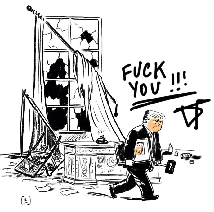 Tuto ilustraci nakreslila výtvarnice Lucie Lomová minulý rok. Netušila, jak blízce vyobrazí dění, které Trumpův odchod provázelo. Kresba: Lucie Lomová