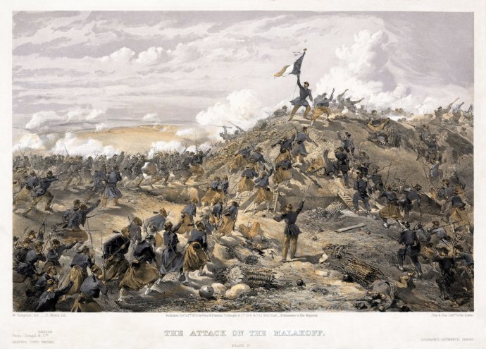 Útok Francouzů a zuávů z Alžírska na pevnůstku Malakov byl součástí obléhání ruského přístavu Sevestopol během Krymské války. Repro: William Simpson