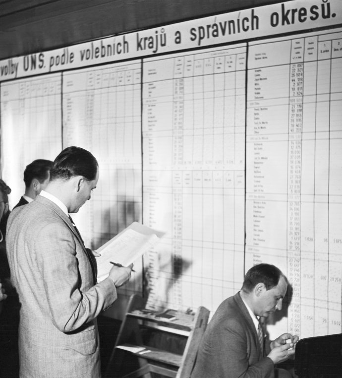 S českou politickou tradicí je spojeno proporční hlasování (sčítání hlasů ze všech koutů země v roce 1946). Ilustrační foto: ČTK