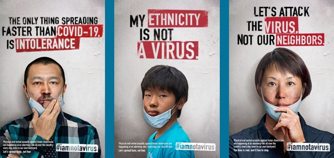 Bouřlivým apelem #BlackLivesMatter začalo už loni nesměle probleskovat jiné heslo: #StopAsianHate. Stop nenávisti vůči Asiatům. Teď nabírá na síle. A s ním kampaň #IamNotAVirus, #NejsemVirus. Foto: iamnotavirus.info