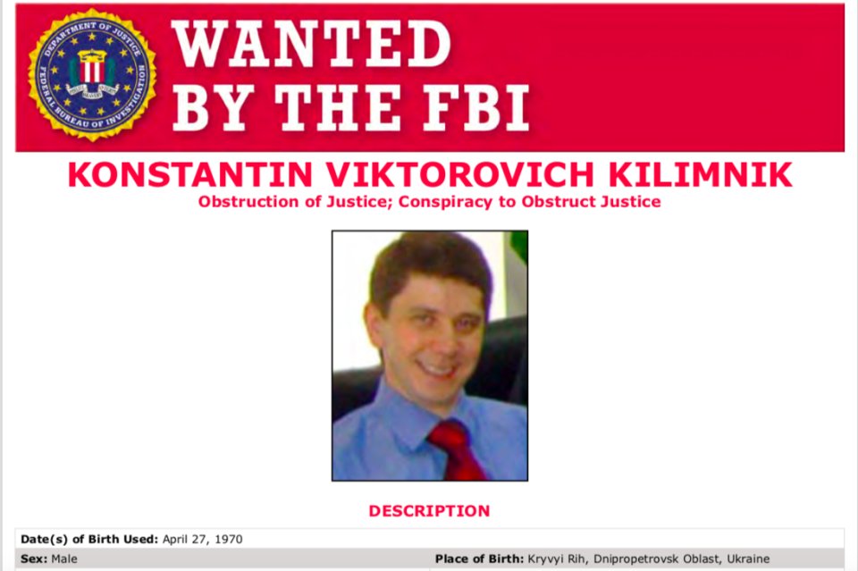 Na ruského agenta Konstantina Kilimnika byl vydán zatykač a odměna 250 tisíc dolarů za informaci vedoucí k jeho nalezení. Zdroj: FBI