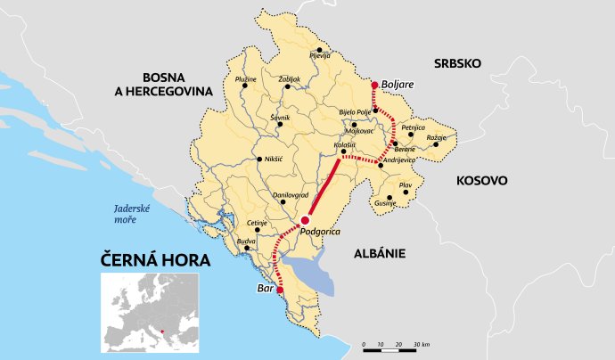 Dálnice, kterou staví Čína napříč Černou Horou. Mapa: Deník N