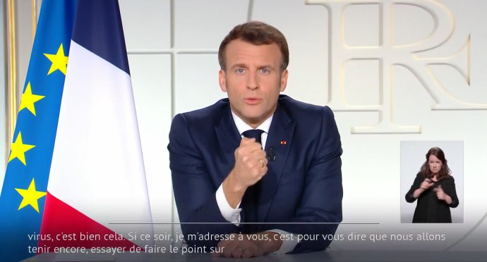 Francouzský prezident Macron v novém projevu k národu ohledně opatření proti šíření koronaviru. Foto: úřad prezidenta, facebook.com/EmmanuelMacron