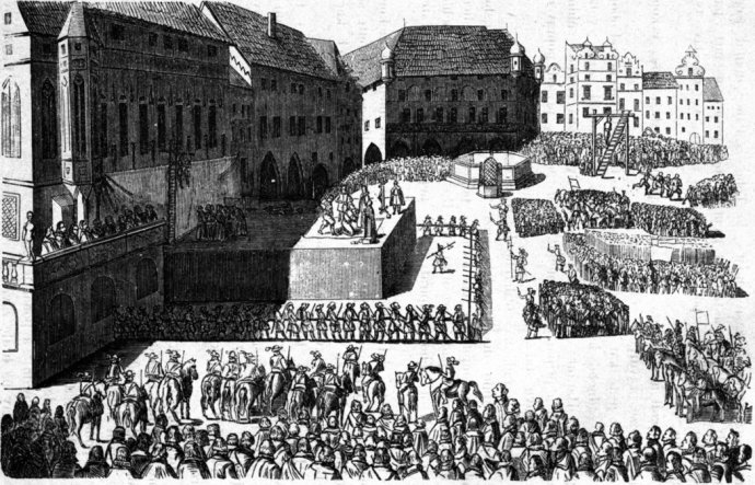 Staroměstská exekuce z 21. června 1621. Kresba Eduarda Herolda (1820–1895) podle staršího dřevorytu. Zdroj: Wikimedia Commons