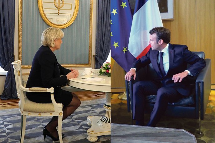 Marine Le Penová v Kremlu a Emmanuel Macron v sídle EU. Foto: Kreml, kremlin.ru a European union