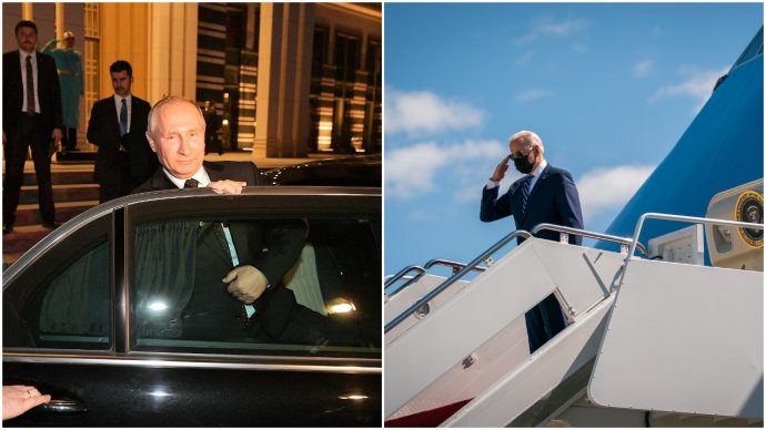 Prezidenti Putin a Biden na cestě domů. Foto: kremlin.ru a Bílý dům, Adam Schulz, koláž Deník N