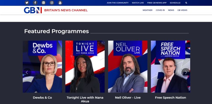 Titulní strana webu nové britské zpravodajské televize GB News. Zdroj: GB News, gbnews.uk