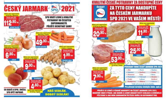 Jarmarky, na kterých bude SPD lákat voliče na levné české potraviny, pořádá firma Emurfilm Production. Reprofoto: Deník N