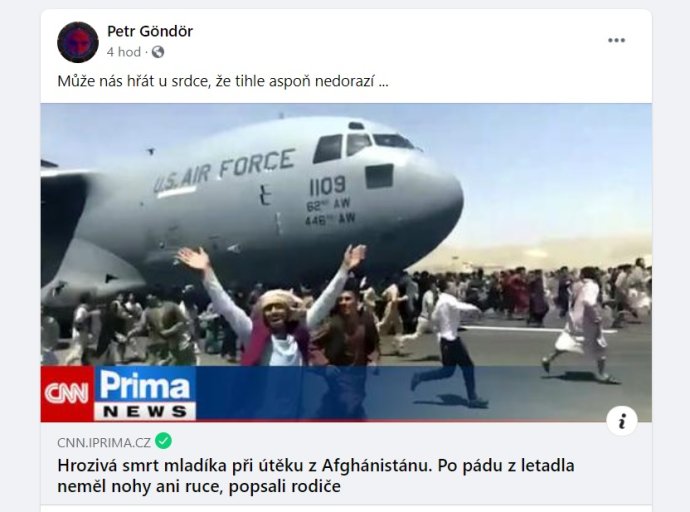 Status kandidáta Trikolóry Petra Göndöra oslavující smrt dvou Afghánců na útěku před Tálibánem. Zdroj: Facebookový profil Petra Göndöra