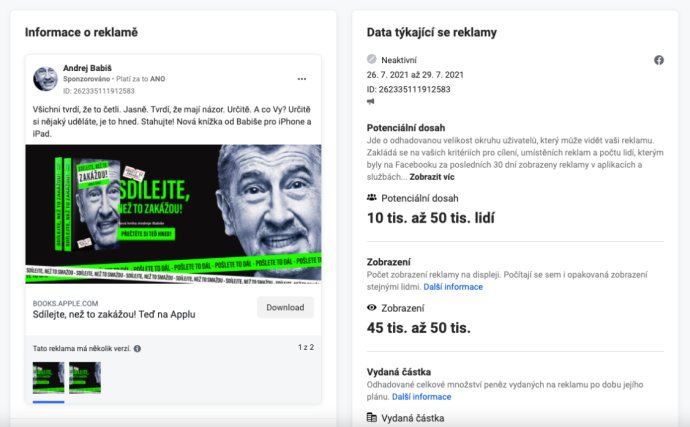 Statistiky Babišovy politické reklamy na Facebooku.