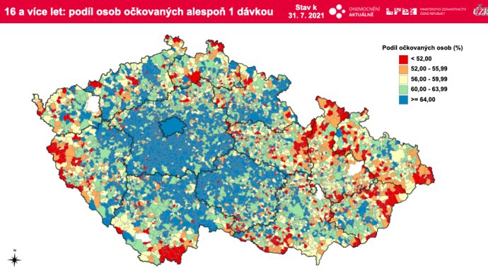 Podíl očkovaných lidí nad 16 let alespoň jednou dávkou v jednotlivých obcích ČR. Data: ÚZIS