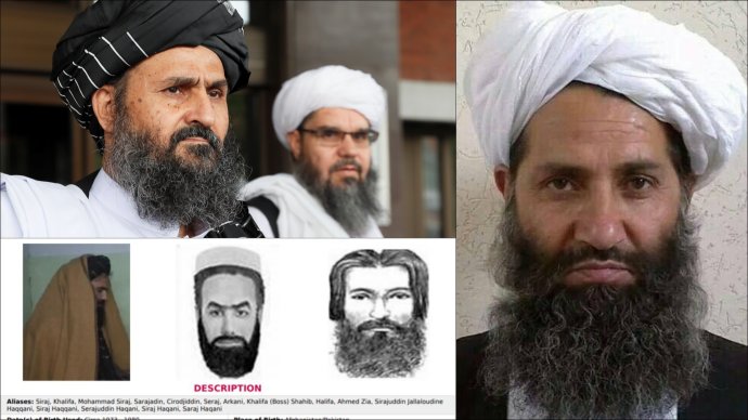 Vpravo třetí (a nynější) nejvyšší vůdce Tálibánu, „premiér“ Hajbatulláh Achúndzáda. Vlevo nahoře vlivný diplomat a spoluzakladatel Abdul Ghání Baradar; dole plakát FBI nabízející odměnu za dopadení „globálního teroristy“ Siradžuddína Hakkáního. Foto: Reuters, Wikimedia Commons Public Domain, FBI.gov. Koláž: Deník N