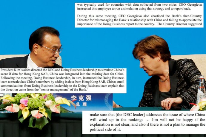 Výňatky z vyšetřovací zprávy o datových manipulacích v ratingových zprávách Světové banky; na pozadí bývalá výkonná ředitelka Světové banky a dnes šéfka Mezinárodního měnového fondu Kristalina Georgievová s čínským premiérem Li Kche-čchiangem na summitu v Pekingu, listopad 2019. Foto: Florence Lo, Reuters. Koláž: Deník N