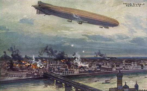 Německá vzducholoď Schütte Lanz bombardující v roce 1914 Varšavu. Pouhých šest let poté, co H. G. Wells napsal svoji katastrofickou vizi budoucích válek vedených ze vzduchu. Repro: Wiki Commons