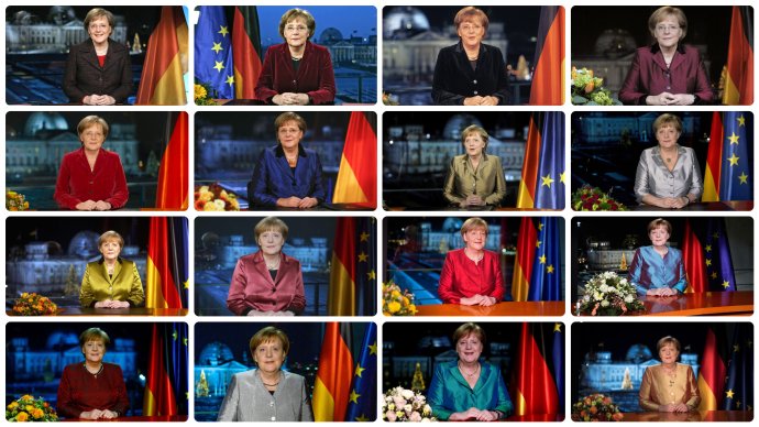 Angela Merkelová ve svých 16 novoročních projevech z berlínského kancléřství, počínaje přelomem let 2005–2006 a konče změnou letopočtu 2020–2021. Foto: Bundesregierung