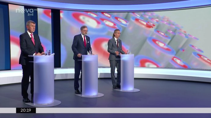 Závěrečná debata Andreje Babiš, Petra Fialy a Ivana Bartoše na TV Nova. Reprofoto TV Nova