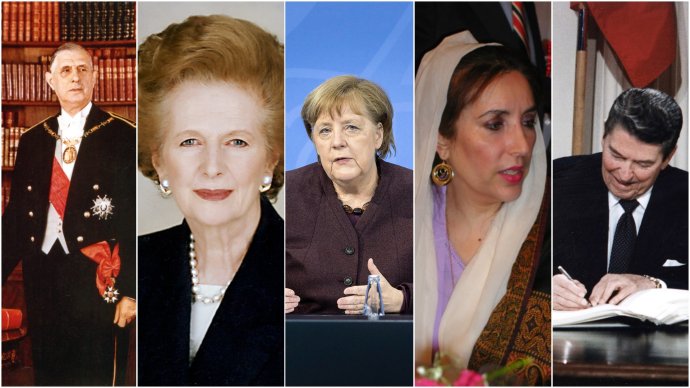 De Gaulle, Thatcherová, Bhuttová, Reagan – a v historii mezi nimi i Merkelová? Koláž: Deník N