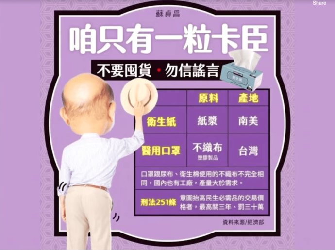 Mem, který porazil hoax o rouškách a toaletním papíru: „Každý máme jen jednu zadnici,“ hlásá vrtící se pozadí tchajwanského premiéra Su Čen-čchanga. Tchaj-wan se dezinformacím brání po svém: technologií, humorem a také spory o tom, jestli trestat šiřitele hoaxů je ta nejlepší cesta. Zdroj: @eballgogogo, Twitter