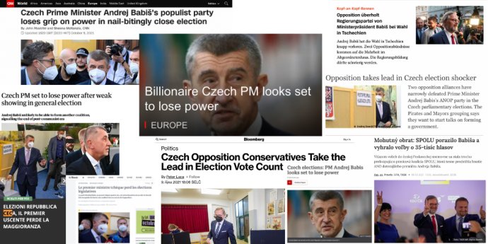 Světová média informují o výsledku českých voleb i porážce premiéra Andreje Babiše. Koláž: Deník N