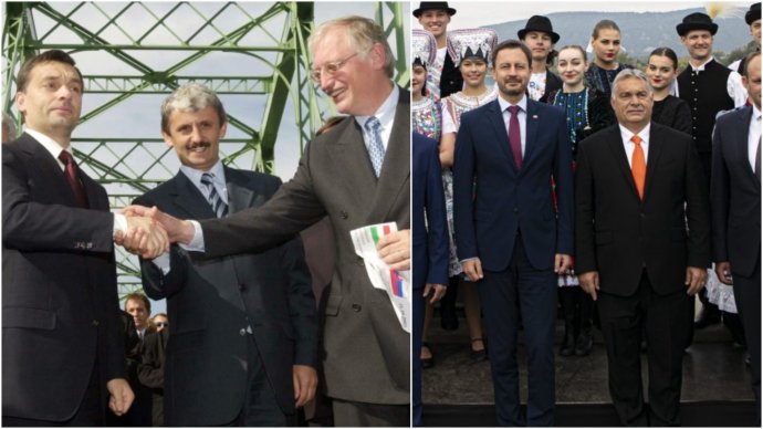 2001 a 2021: Maďarský premiér Viktor Orbán, slovenský premiér Mikuláš Dzurinda a evropský komisař pro rozšíření EU Günter Verheugen 11. října 2001 slavnostně otvírají za pomoci peněz z evropského rozpočtu a chválou evropské spolupráce zrekonstruovaný most Márie Valérie mezi Štúrovem a Esztergomem (Ostřihomí). A maďarský premiér Orbán (vepředu druhý zprava; slovenský protějšek Heger po jeho pravici) to 11. října 2021 po 20 letech slaví tvrdou kritikou EU. Foto: Jana Mišauerová, ČTK, Cher Benkő Vivien, úřad maď. premiéra a koláž Deníku N