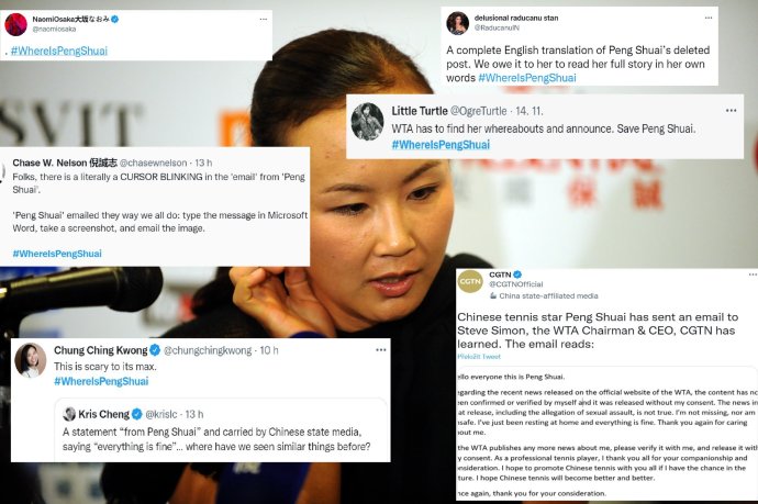 „Všechno je fajn.“ Tweet čínské televize CGTN s údajným e-mailem od Pcheng Šuaj možná cílil na rozptýlení pochyb, místo toho je však jen posílil. Může za to i kuriózní kurzor. A čínské verzi nevěří ani hlavní adresát „e-mailu“, Ženská tenisová asociace – vyjádřila vážné obavy a žádá „nezávislé věrohodné“ důkazy, že je zmizelá tenistka v pořádku. Foto: Oriental Image via Reuters, Twitter. Koláž: Deník N