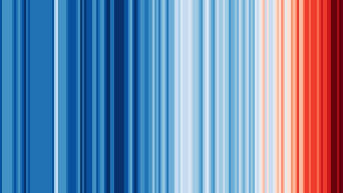 Oteplování ve světě v letech 1850 až 2020 – pruhy značí jednotlivé roky. Červená barva znamená nárůst teploty. Zdroj: Ed Hawkins, CC