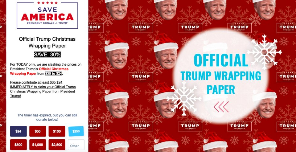 Vánoční balící papír s podobiznou Donalda Trumpa mohou jeho příznivci nyní zakoupit se slevou. Mohou ale také přispět až tisíce dolarů. Reprofoto: Save America