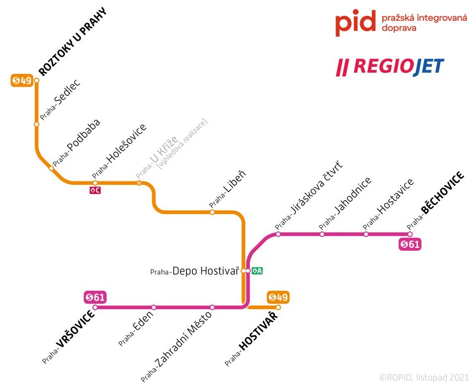 Linky pražské vlakové dopravy, které bude od roku 2024 provozovat RegioJet. Grafika: ROPID