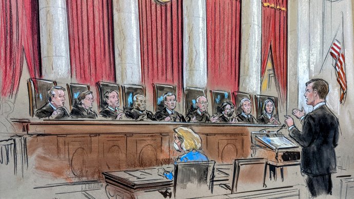 Devět soudců a soudkyň Nejvyššího soudu poslouchá argumentaci hlavního advokáta státu Mississippi Scotta Stewarta. Autor kresby: Bill Hennessy, WP / Reuters