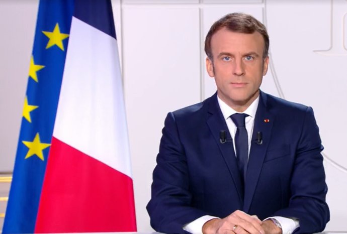 Prezident Macron během projevu o prioritách francouzského předsednictví Radě EU v prvním pololetí 2022. Foto: z oficiálního videopřenosu Elysejského paláce, Facebook, elysee.fr