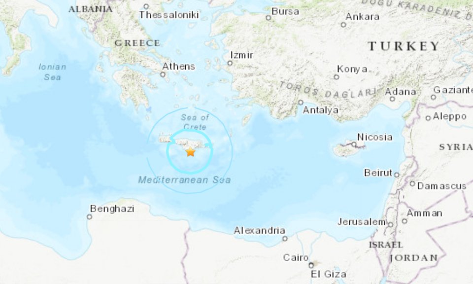 Krétu zasáhlo zemětřesení o síle 5,7. Zdroj: USGS