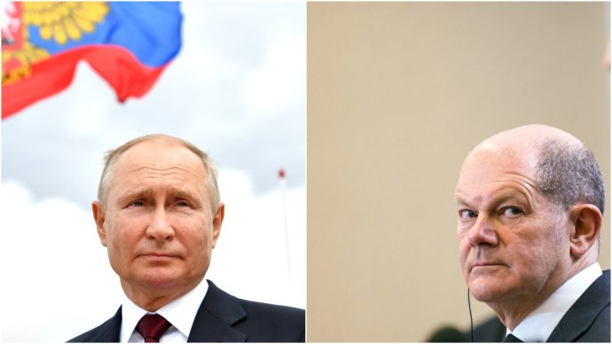 Ruský prezident Vladimir Putin a německý kancléř Olaf Scholz. Foto: Kreml, kremlin.ru a A. Husejnow, SOPA Images / Sipa USA / Reuters, koláž Deník N