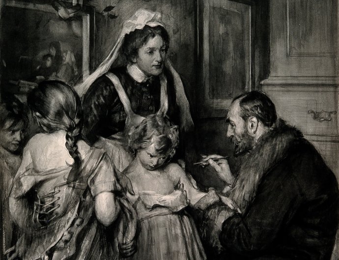 Lékař očkující děvčátko. Lance Calkin. Kvaš. 1901, Wellcome Collection, Londýn. CC BY 4.0