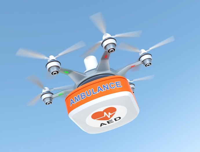 Dron s defibrilátorem (AED) pro první pomoc při zástavě srdce. Foto: Chesky, Adobe Stock