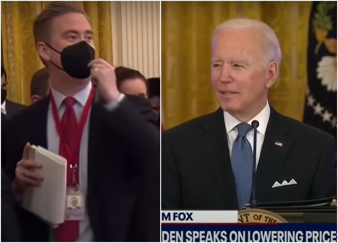Novinář Peter Doocy otázkou podráždil Joea Bidena a jeho vulgární reakci zachytily mikrofony. Foto: vysílání Fox News, repro Denník N