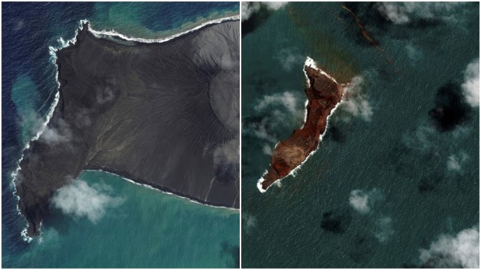 Před výbuchem a po něm: satelitní snímky části sopky Hunga Tonga-Hunga Ha’apai z 6. a 18. ledna 2022. Foto: Maxar Technologies via Reuters