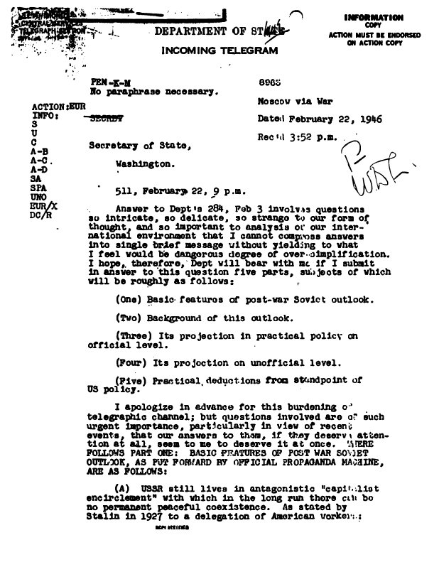 První stránka „dlouhého telegramu“, v němž v roce 1946 šéf tehdejší americké mise v Moskvě George Kennan na základě analýzy tehdejšího Stalinova jednání formuloval doktrínu zadržování a odstrašování. Faksimile: Deník N